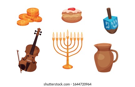 Happy Hanukkah Symbols Vector Set. Jewish Traditional Celebration Attributes