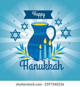 happy hanukkah with teapot and decoration vector illustration design