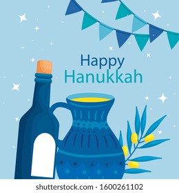 happy hanukkah with teapot and icons vector illustration design