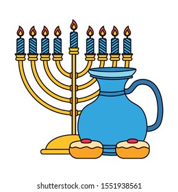 happy hanukkah teapot jar with chandelier and cupcakes vector illustration design