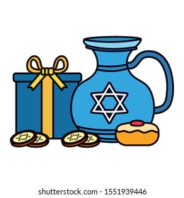 happy hanukkah teapot jar with sweet cupcake and coins vector illustration design