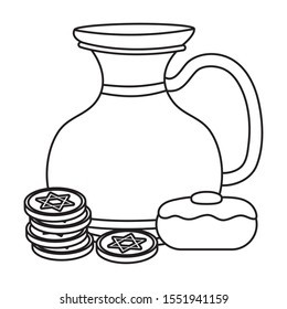 happy hanukkah teapot jar with sweet cupcake and coins vector illustration design