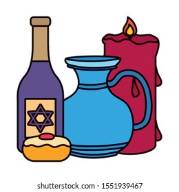 happy hanukkah teapot jar with wine bottle and cupcake vector illustration design