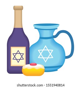happy hanukkah teapot jar with wine bottle and cupcake vector illustration design