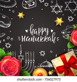 Happy Hanukkah. Template greeting card. Israel festival of light. Vector illustration. Hand drawn elements: menorah, sweets, dreidel, old city. Handwriting inscription. Modern brush lettering.