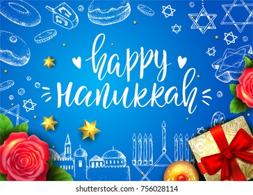 Happy Hanukkah. Template greeting card. Israel festival of light. Vector illustration. Hand drawn elements: menorah, sweets, dreidel, old city. Handwriting inscription. Modern brush lettering.