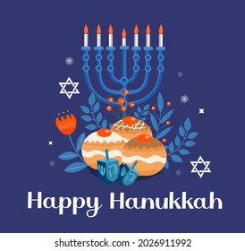 Happy Hanukkah template for your design. Greeting Card with Menorah, Sufganiyot, Dreidel. Vector illustration