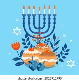 Happy Hanukkah template for your design. Greeting Card with Menorah, Sufganiyot, Dreidel. Vector illustration