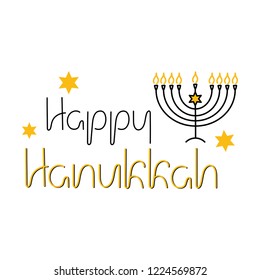  Happy Hanukkah, text. The Menorah, David Star.  Jewish holiday. Vector illustration