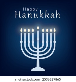 Happy Hanukkah Text und Menorah auf dunkelblauem Hintergrund, quadratische Grußkarte oder Banner. Hanukkiah mit Kerzen im minimalistischen Stil. Vektorvorlage für minimales Hanukkah-Design, Social-Media-Post.