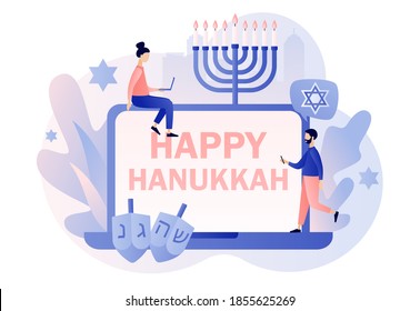 Happy Hanukkah - text on laptop screen. Traditional jewish holiday with tiny people and symbols - menorah candles, dreidels spinning top, star David. Modern flat cartoon style. Vector illustration