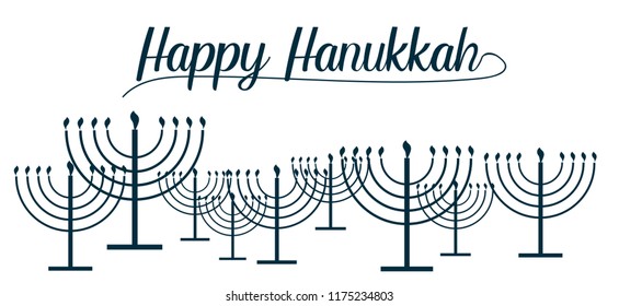 Happy Hanukkah text and repeat pattern of simple outline Hanukkah menorah with burning candles in blue color with empty background for holiday card. Vector illustration.