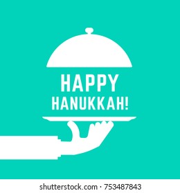 happy hanukkah text with white serving hand. flat style trend modern graphic design isolated on white background. concept of festive foodie like catering service or tradition food menu for hannukah