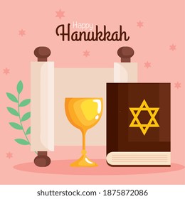 Happy hanukkah torah and cup design, holiday celebration judaism religion festival traditional and culture theme Vector illustration