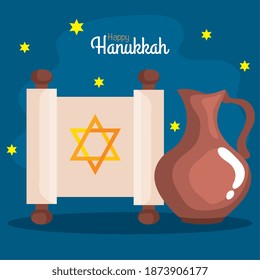 Happy hanukkah torah and oil pitcher design, holiday celebration judaism religion festival traditional and culture theme Vector illustration