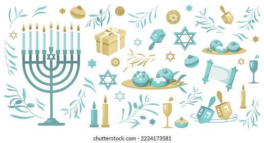 Happy Hanukkah traditional holiday symbols menorah, torah, dreidel. Jewish holiday Hanukkah vector background 