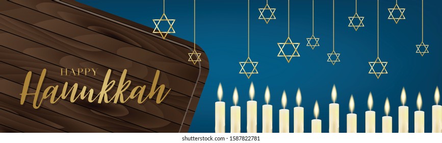 Happy Hanukkah. Traditional Jewish holiday. Chankkah banner or website header background design concept. Judaic religion decor with Menorah, candles, David star, wooden sign board. Vector illustration