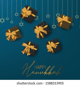 Happy Hanukkah. Traditional Jewish holiday celebration. Chankkah banner background design concept. Judaic religion decor - gift boxes with golden ribbon. Vector illustration.
