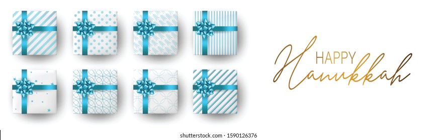 Happy Hanukkah. Traditional Jewish holiday. Chankkah banner or website header background design concept. Judaic religion decor with white luxury gift boxes with blue ribbon. Vector illustration.