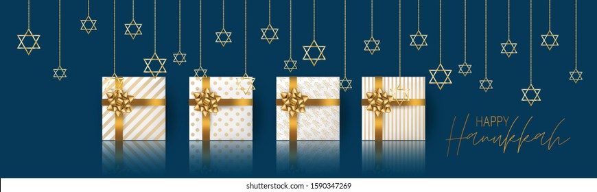 Happy Hanukkah. Traditional Jewish holiday. Chankkah banner or website header background design concept. Judaic religion decor with white luxury gift boxes with golden ribbon. Vector illustration.