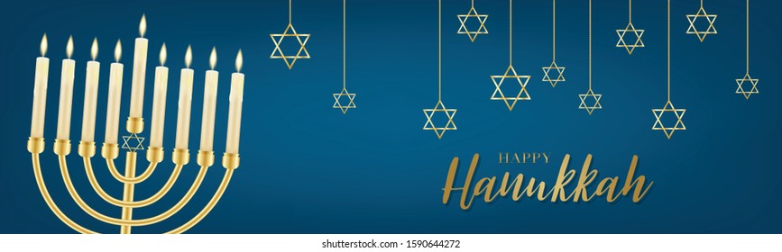 Happy Hanukkah. Traditional Jewish holiday. Chankkah banner or website header background design concept. Judaic religion decor with Menorah, candles, David star. Vector illustration.