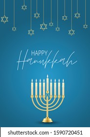 Happy Hanukkah. Traditional Jewish holiday. Chankkah banner, poster or flyer design concept, blue background. Judaic religion decor with Menorah, candles, David star. Vector illustration.