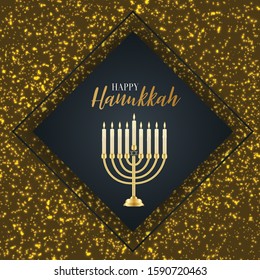 Happy Hanukkah. Traditional Jewish holiday. Chankkah banner, poster or flyer design concept. Judaic religion decor with Menorah, candles. Golden glitter decoration. Vector illustration.