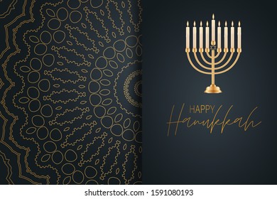 Happy Hanukkah. Traditional Jewish holiday. Chankkah banner, poster or flyer design concept. Judaic religion decor with Menorah, candles. Luxury black backgound with ornament. Vector illustration.