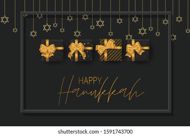 Happy Hanukkah. Traditional Jewish holiday celebration. Chankkah banner background design concept. Judaic religion decor - black luxury gift boxes with golden ribbon, David Star. Vector illustration.