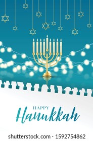 Happy Hanukkah. Traditional Jewish holiday. Chankkah banner, poster or flyer design concept, blue background. Judaic religion decor with Menorah, candles, David star. Vector illustration.