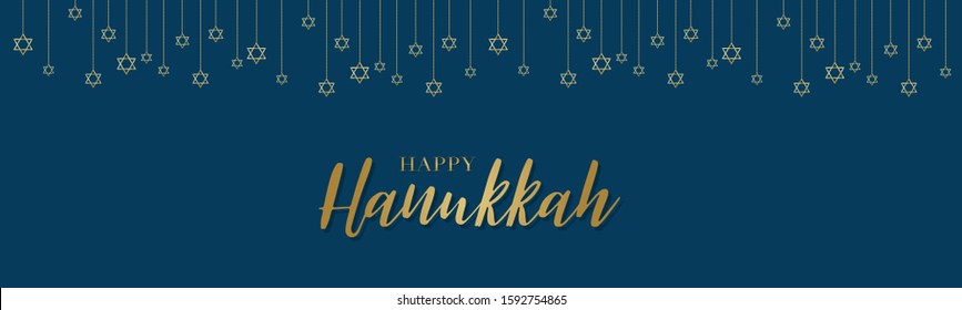 Happy Hanukkah. Traditional Jewish holiday. Chankkah banner or website header background design concept. Judaic religion decor with garland, David star. Vector illustration.