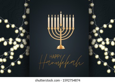 Happy Hanukkah. Traditional Jewish holiday. Chankkah banner, poster or flyer design concept. Judaic religion decor with Menorah, candles. Luxury black backgound with ornament. Vector illustration.