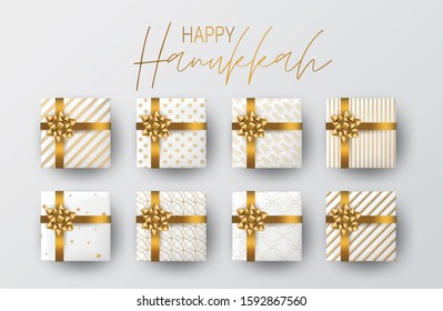 Happy Hanukkah. Traditional Jewish holiday celebration. Chankkah banner background design concept. Judaic religion decor - gift boxes with golden ribbon. Vector illustration.