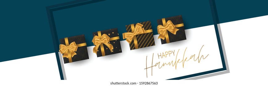 Happy Hanukkah. Traditional Jewish holiday. Chankkah banner or website header background design concept. Judaic religion decor with black luxury gift boxes with golden ribbon. Vector illustration.