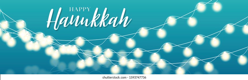 Happy Hanukkah. Traditional Jewish holiday. Chankkah banner or website header background design concept. Judaic religion decor with garland, David star. Vector illustration.