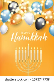 Happy Hanukkah. Traditional Jewish holiday. Chankkah banner, poster or flyer design concept, blue background. Judaic religion decor with Menorah, candles, balloons. Vector illustration.