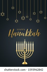 Happy Hanukkah. Traditional Jewish holiday. Chankkah banner, poster or flyer design concept, black luxury background. Judaic religion decor with Menorah, candles, David star. Vector illustration.