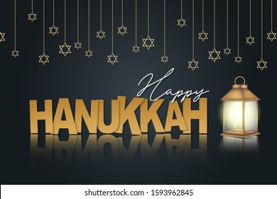 Happy Hanukkah. Traditional Jewish holiday. Chankkah banner background design concept. Judaic religion decor with garland, David star, lantern, and golden lettering. Vector illustration.