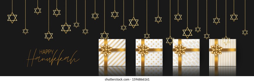 Happy Hanukkah. Traditional Jewish holiday. Chankkah banner or website header background design concept. Judaic religion decor with black luxury gift boxes with golden ribbon. Vector illustration.