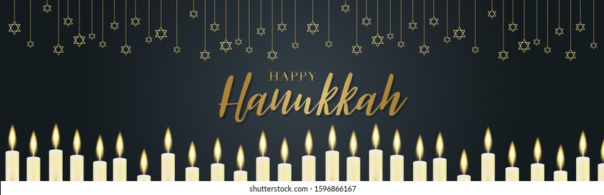 Happy Hanukkah. Traditional Jewish holiday. Chankkah banner or website header background design concept. Judaic religion decor with Menorah, candles, David star. Vector illustration.