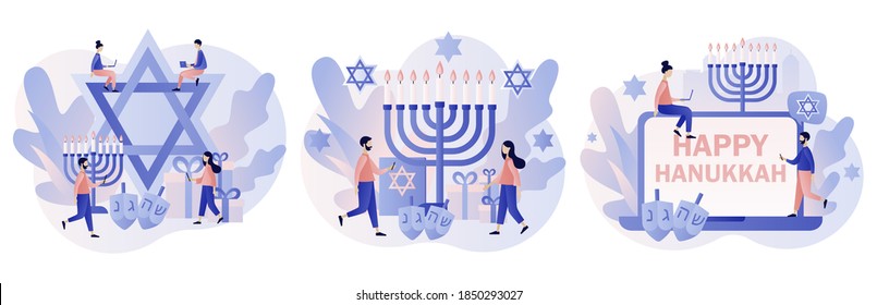 Fröhlich Hanukkah.  Traditioneller jüdischer Urlaub mit winzigen Menschen und Symbolen - Menorah-Kerzen, dreiköpfige Spinnerei, Star David. Moderner, flacher Cartoon-Stil. Vektorgrafik auf weißem Hintergrund