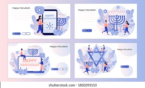 Happy Hanukkah.  Traditional jewish holiday with tiny people. Screen template for mobile smart phone, landing page, template, ui, web, mobile app, poster, banner, flyer. Vector illustration 