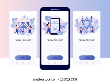 Happy Hanukkah.  Traditional jewish holiday with tiny people and symbols - menorah candles, dreidels spinning top, star David. Screen template for mobile smart phone. Modern flat cartoon style. Vector