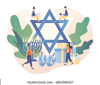 Happy Hanukkah. Traditional jewish holiday with tiny people and symbols - menorah candles, dreidels spinning top. Big star David. Modern flat cartoon style. Vector illustration on white background