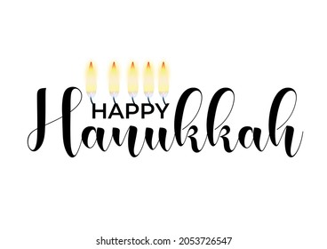 Happy Hanukkah, traditional Jewish Holiday lettering isolated on white background, vector illustration. Lighting candles, trendy minimalist design text for banners, cards, web.	