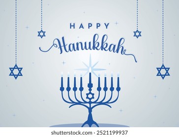 Happy Hanukkah. Traditional Jewish holiday. Hanukkah banner background design concept. Judaic religion decor with Menorah, candles, David star. Vector illustration.