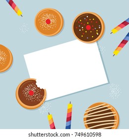 happy Hanukkah- traditional jewish holiday . traditional donut and candles. vector illustration