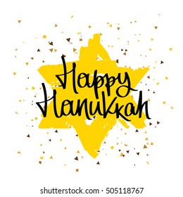 Happy Hanukkah. The trend calligraphy. Vector illustration on white background with a smear of yellow ink. Great holiday gift card.