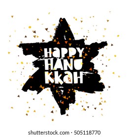 Happy Hanukkah. The trend calligraphy. Vector illustration on white background with a smear of black ink. Great holiday gift card.