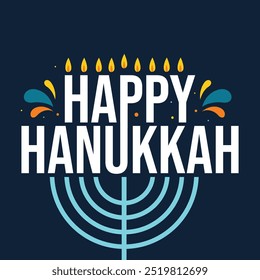 Happy Hanukkah typography greeting card. Happy Hanukkah logotype, badge. Happy Hanukkah illustration, Jewish Festival of Lights traditional holiday background. Israel relegious festival.